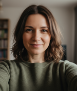 Polish woman around 44. Brown hair. Selfie, looking into camera perspective. Realistic vibe like from iphone camera.