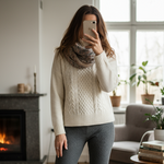 Realistic slefie in the mirror of polish woman in winter tight look at home. 